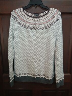 Talbots Cream and Gray Fair Isle Nordic Yoke Pullover Crewneck Sweater Size L